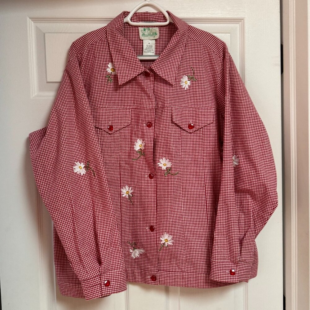 Gingham Shacket with Embroidered Daisies